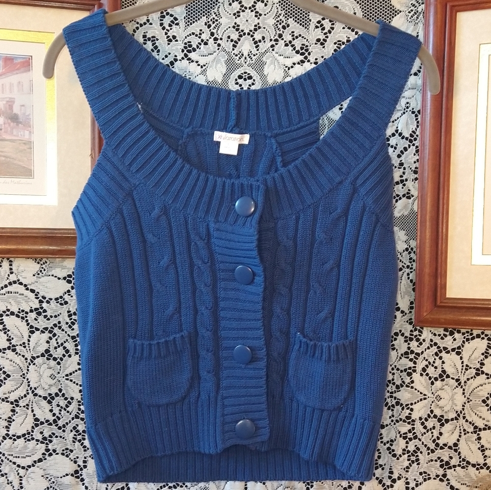 Xhilaration dark blue knit shrug sweater cropped sleeveless front button closure